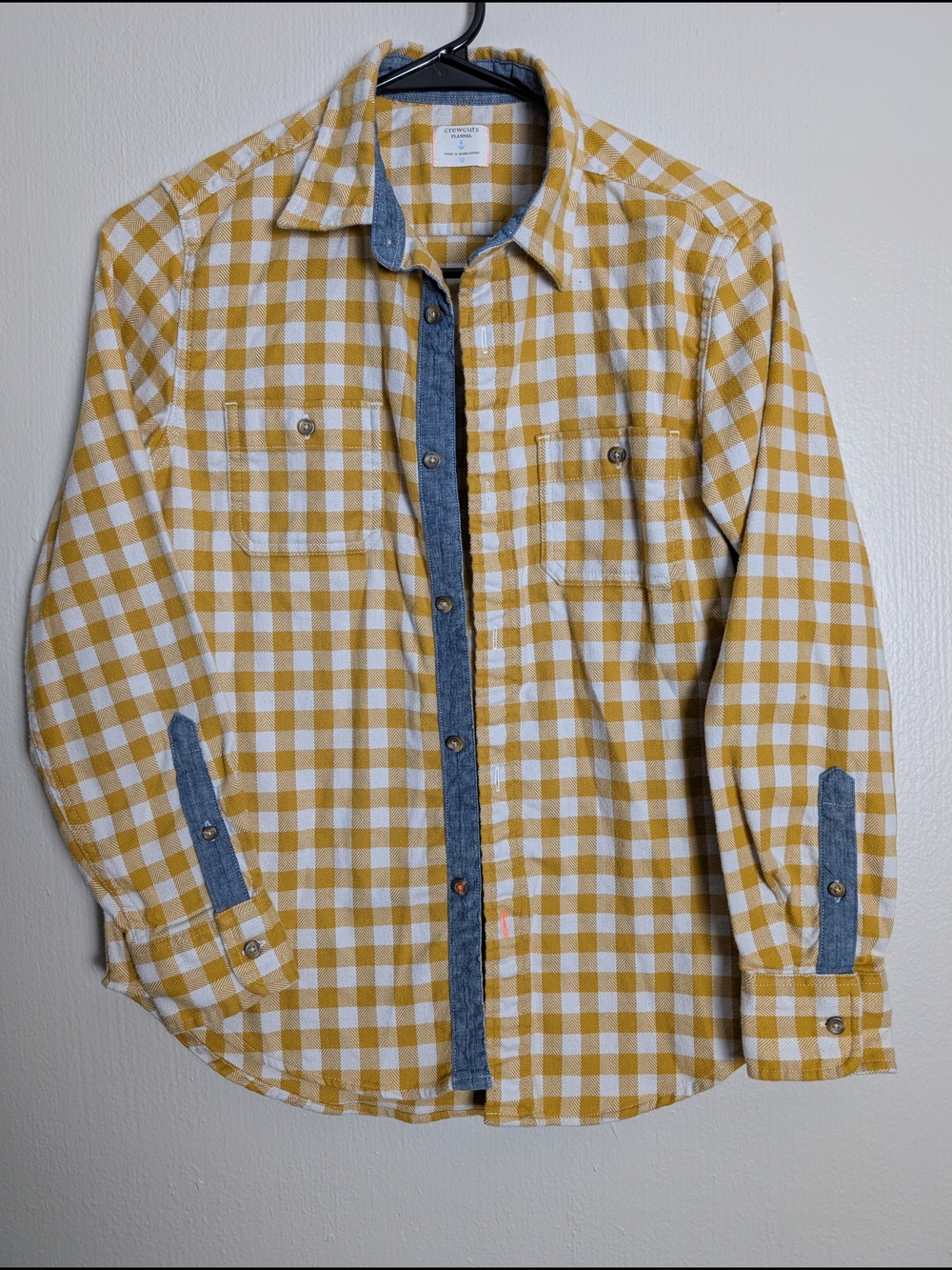J. Crew Yellow and White Gingham Button-Down with Denim Trim